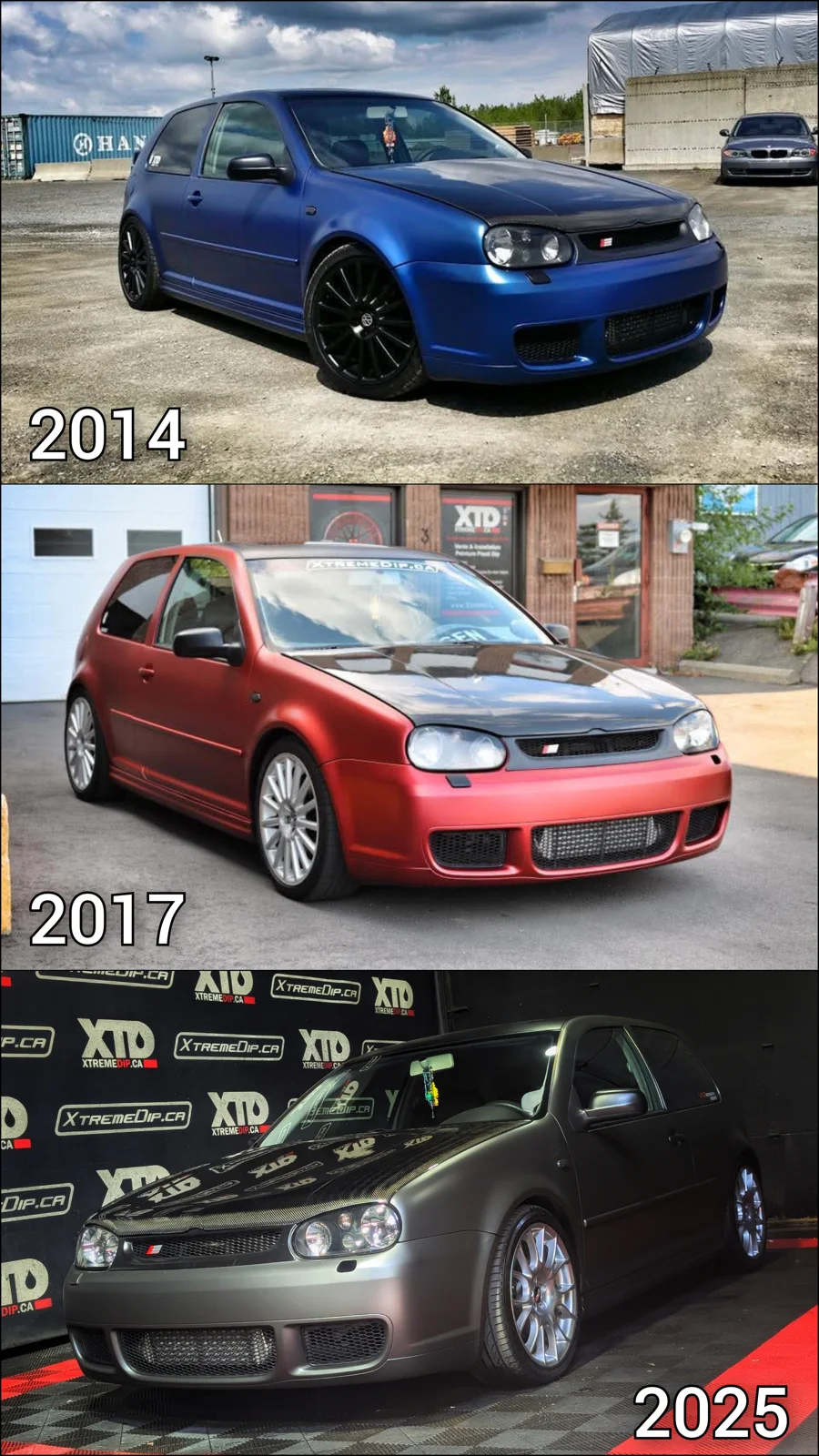 Le même VW Golf R32 dippé par Xtreme Dip en 2014 (bleu), 2017 (rouge) et 2025 (gris)